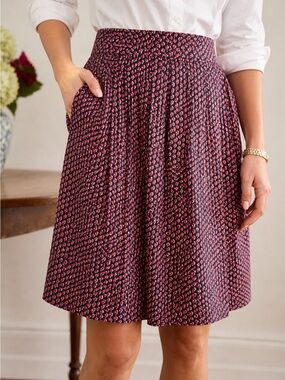 Boden Pleated Skirt 14 Navy Red Mod Print Preppy Euro Chic Cotton